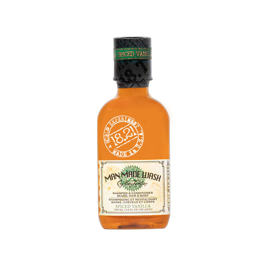18.21 Man Made front bottle showing spiced vanilla scent and travel size benefit