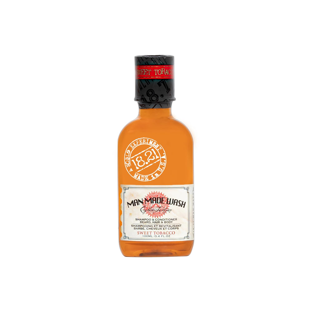 18.21 Man Made front bottle image showing Sweet Tobacco label and compact size benefits