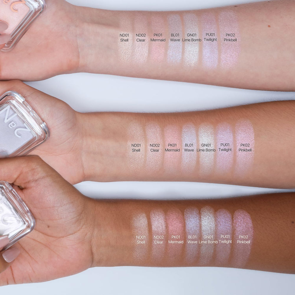 2aN swatch on skin illustrating buildable icy blue sheen