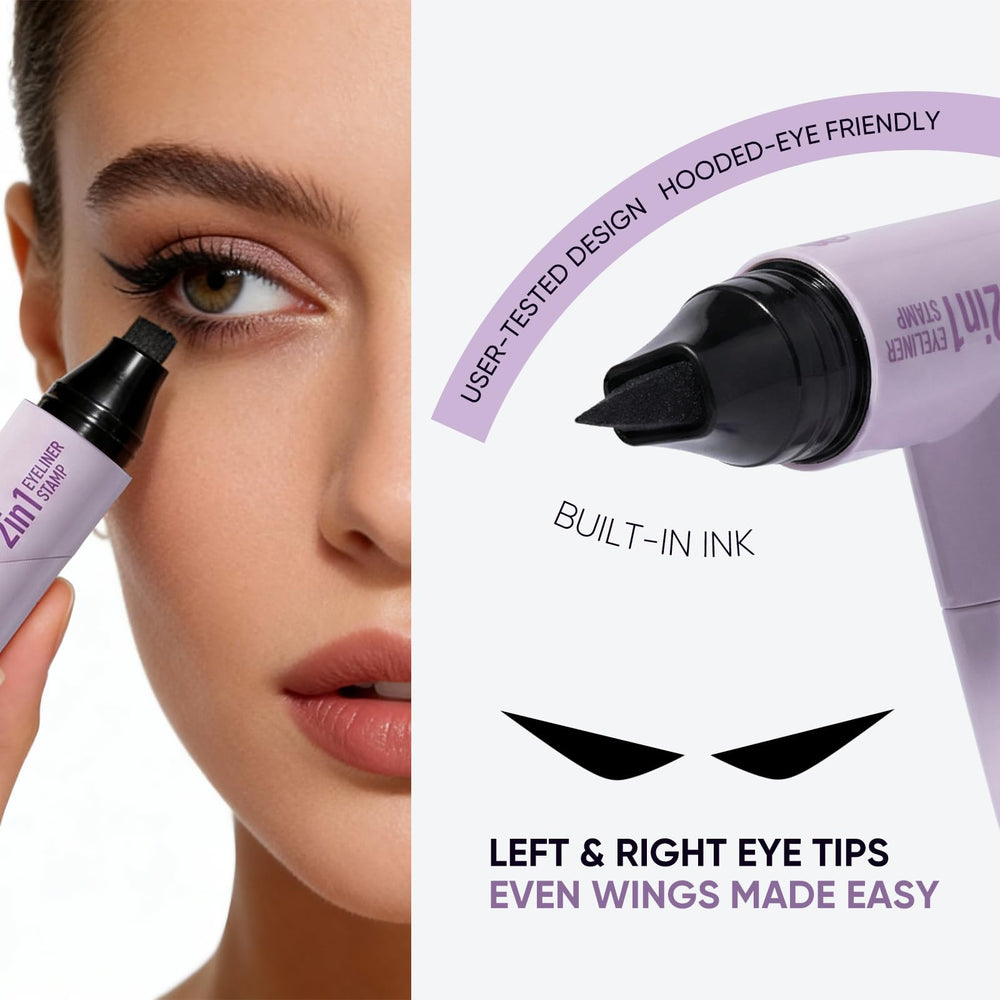 2CHILL stamp tip labeled Left and Right, ensuring symmetrical cat-eye wings with less effort