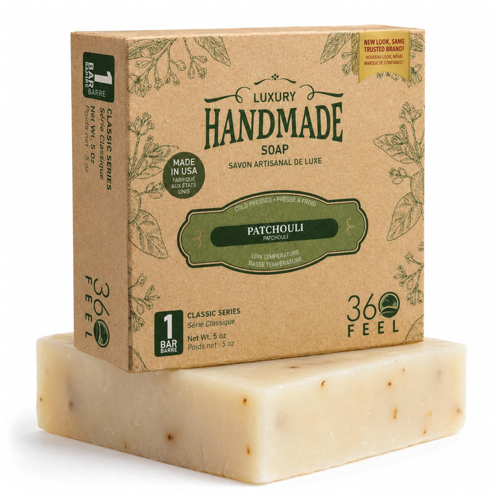 360Feel patchouli bar front view showing clean handmade appearance and calming scent