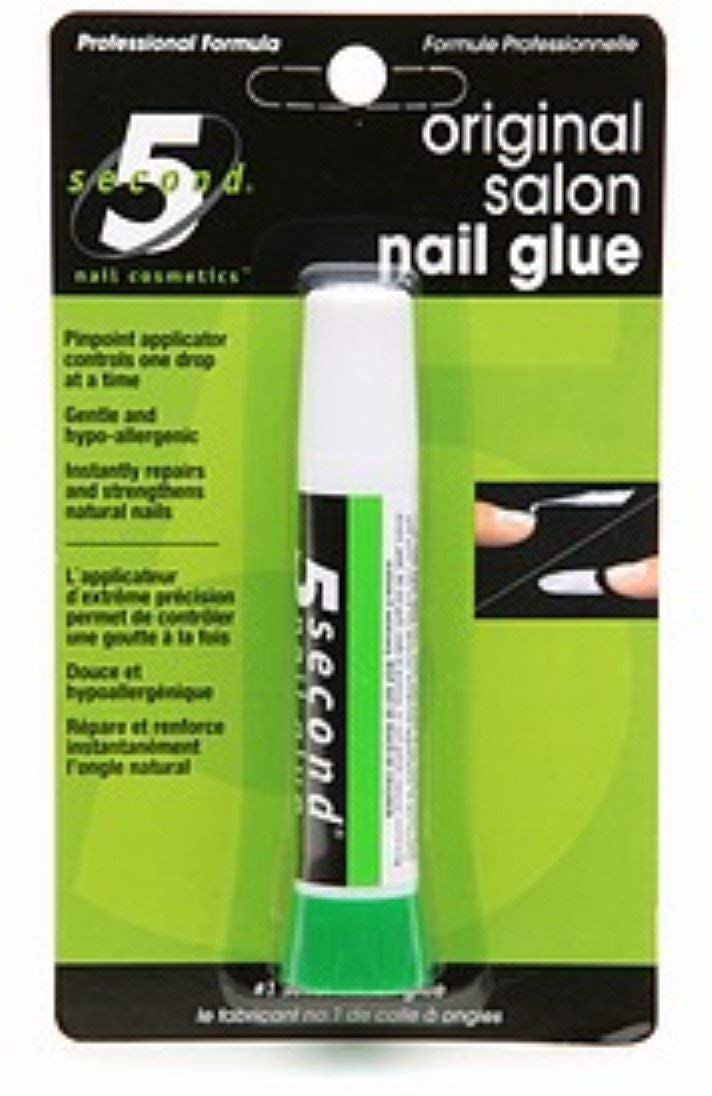 5 Second brand front bottle image showing compact 0.07 oz glue for fast, strong nail repairs