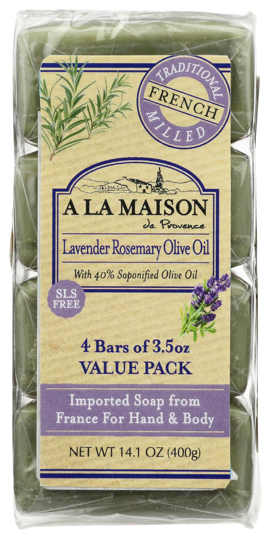 A LA MAISON front packaging showing four lavender rosemary bars and durable wrapping