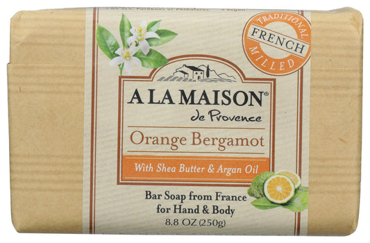 A LA MAISON front packaging showing the orange bergamot bar benefiting long-lasting use
