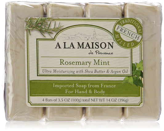 A LA MAISON front packaging showing four Rosemary Mint soap bars and ingredient highlights