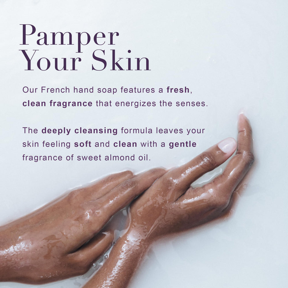 A LA MAISON pouring refill into a dispenser illustrating easy, mess-free refill benefit