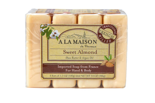 A LA MAISON front packaging showing four sweet almond soap bars and benefits