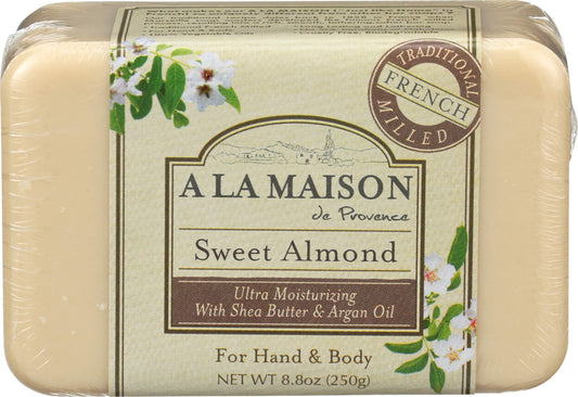 A LA MAISON front packaging showing Sweet Almond bar and elegant box, luxury appeal