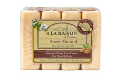 A LA MAISON front packaging showing four sweet almond soap bars and benefits