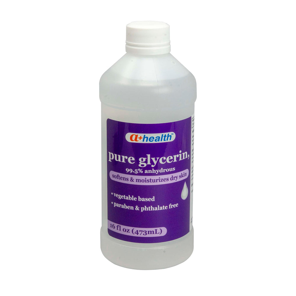 A+Health front packaging of 16 oz glycerin showing clear bottle and label, hydrating benefit