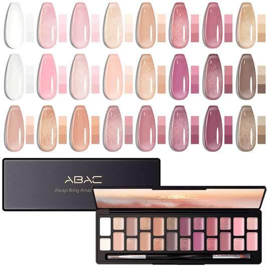 ABAC solid jelly gel palette front view showing 24 nude pink shades and compact layout benefits