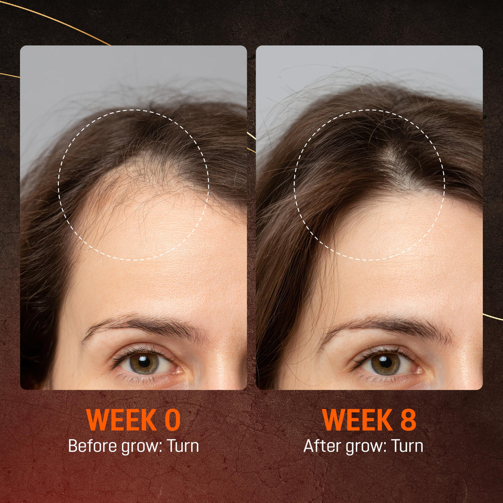 ABERA applying serum to scalp, promoting fuller-looking hair when used consistently