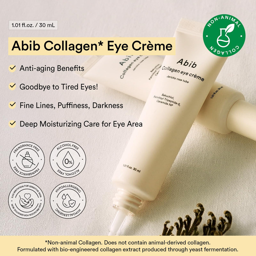 Abib tube label of the non-animal collagen eye cream, clear ingredient focus