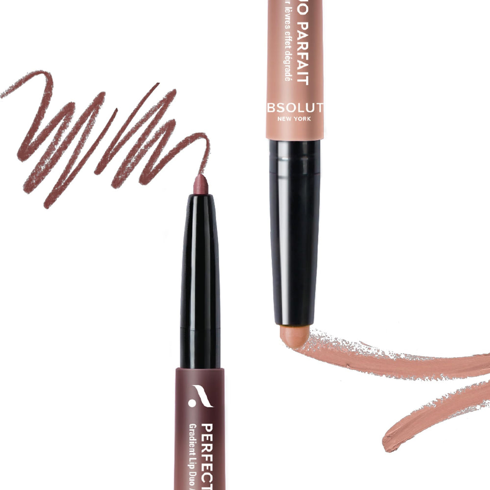 Absolute New York dual-ended product displayed to show lipstick and liner ends for convenience