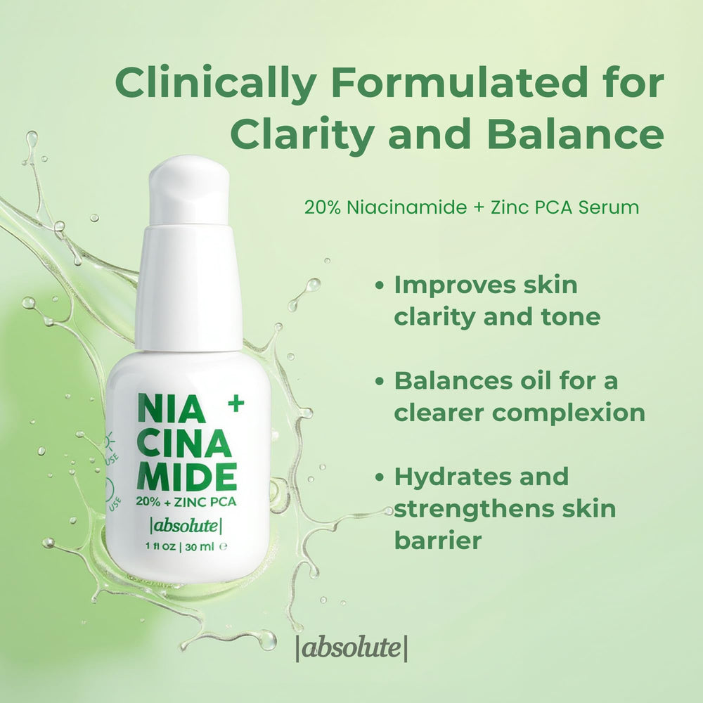 Absolute texture close-up of serum showing lightweight finish and clarity benefits