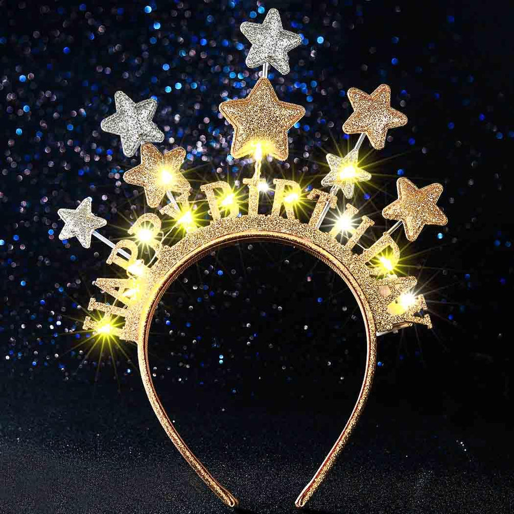 Aceorna gold headband front view shows glitter crown and LED lights to dazzle