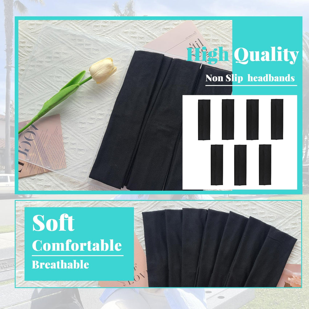 Aclovcy flat lay of seven black headbands highlighting daily replacement convenience and value