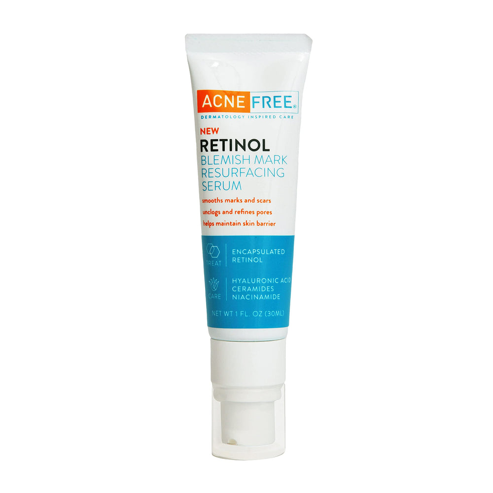 AcneFree front packaging showing bottle and label promoting resurfacing benefits
