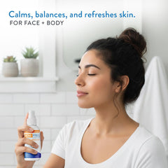 AcneFree mist applied to model cheek calming sensitive skin