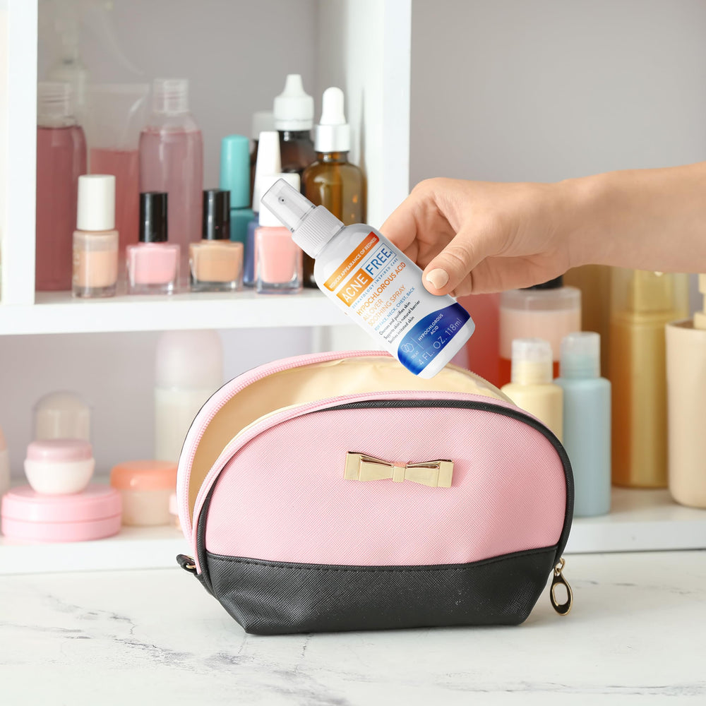 AcneFree bottle on nightstand as part of calming skincare routine