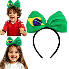 ACO-UINT front view green satin bow headband shows vibrant fan flair