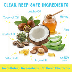 Active COCO ingredient lineup with coconut oil and jojoba for hydration
