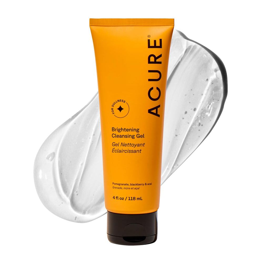 Acure brightening cleansing gel front packaging showing bottle benefit