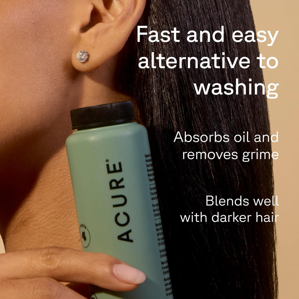 Acure dry shampoo applied at roots illustrating quick volume and grease control