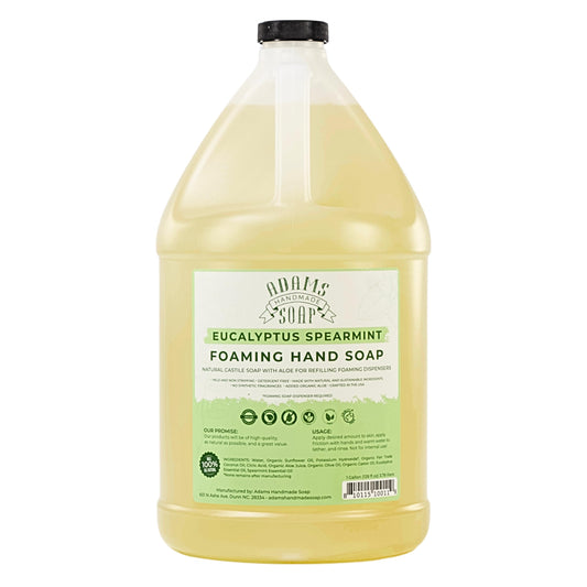 Adams Handmade Soap one-gallon front jug showing eucalyptus spearmint label and easy refill benefit
