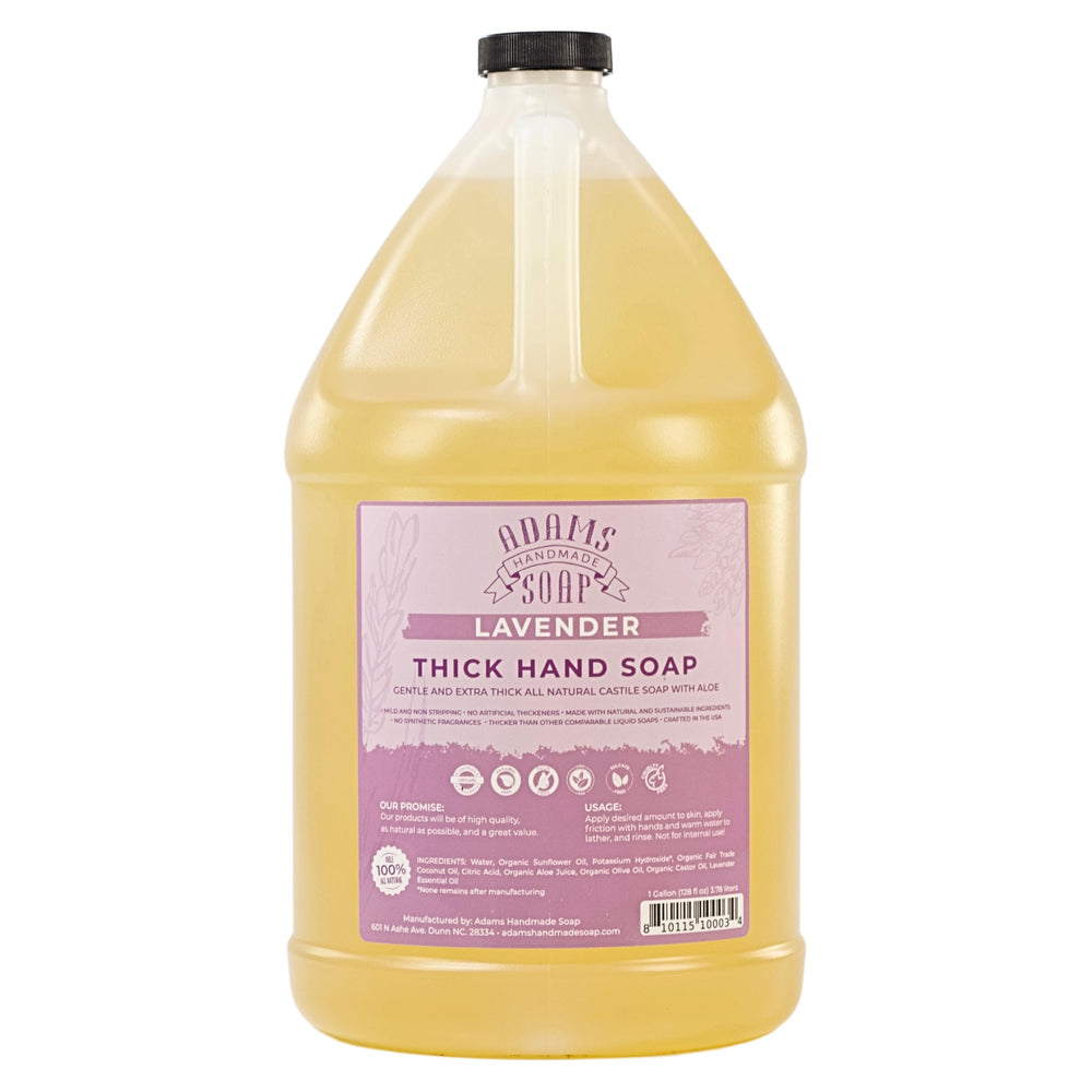 Adams Handmade Soap one-gallon lavender refill front label showing eco-friendly benefits