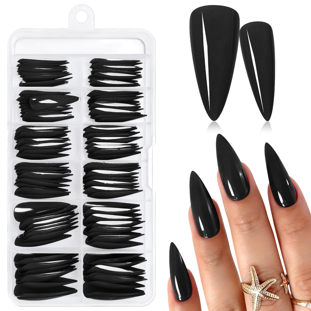AddFavor front view of glossy black stiletto nails showing full coverage and instant polish