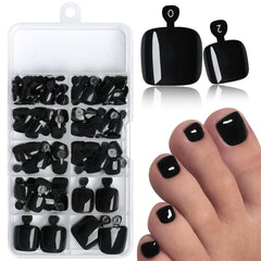 AddFavor front packaging of black press-on toenails showing kit contents and convenience