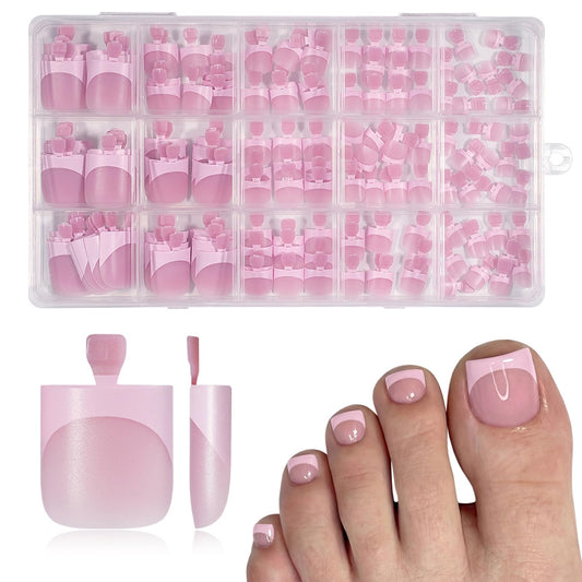 AddFavor front packaging showing 150 pink French-tip press-on toenails and contents benefit easy setup