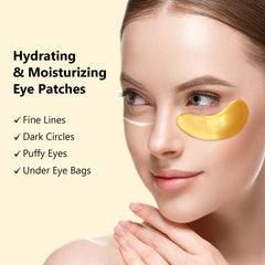 Adofect open pouch revealing a pair of gold-hued hydrogel patches and nourishing serum