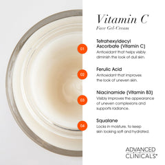 Advanced Clinicals ingredients arranged showcasing vitamin C, niacinamide and hyaluronic acid benefits