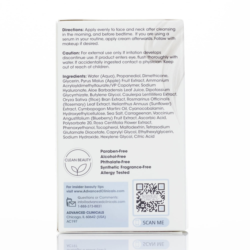 Advanced Clinicals packaging box detail emphasizing dermatologist-tested formula