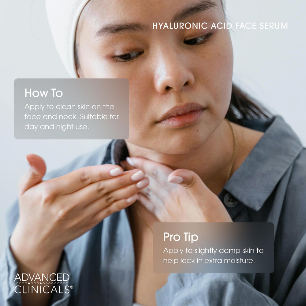Advanced Clinicals ingredient label close-up showing hyaluronic acid, green tea, algae benefit
