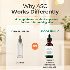 Advanced Skin Care ingredient label highlighting Vitamin C, E, ferulic acid benefits
