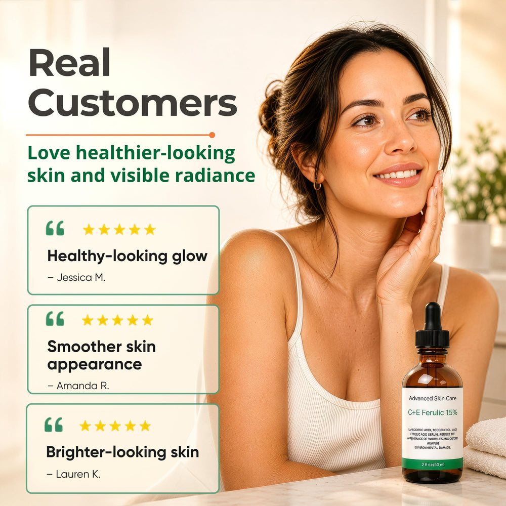 Advanced Skin Care bottle staged on vanity portraying morning routine convenience