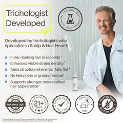 Advanced Trichology close-up texture of spray mist illustrating lightweight film-forming rice protein benefit