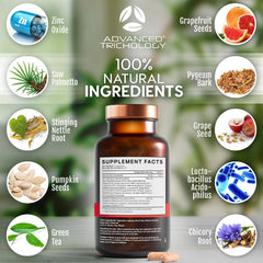 Advanced Trichology ingredients layout showing herbs and probiotics for scalp support
