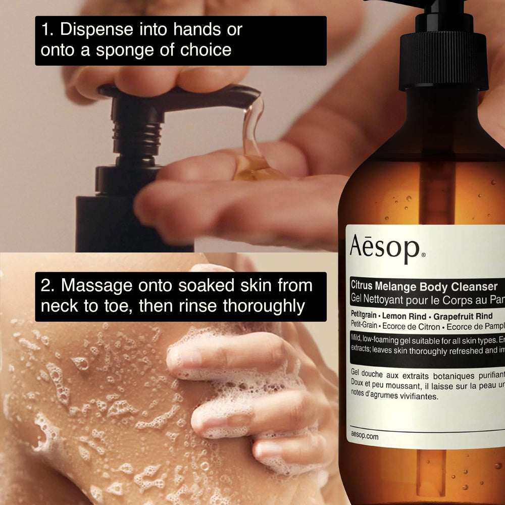 Aesop bottle beside lemon and grapefruit rind showing natural extracts