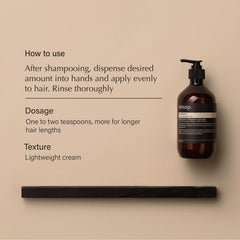 Aesop conditioner pump top and label detailing key botanical ingredients