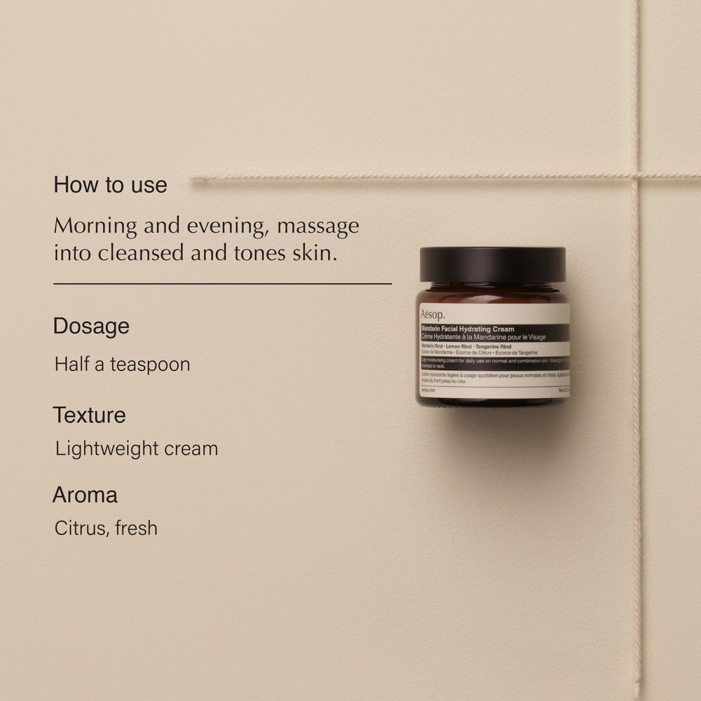 Aesop mandarin cream texture close-up demonstrating silky absorbency and cooling effect