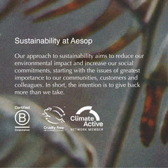 Aesop recycled plastic label detail emphasizing sustainable packaging