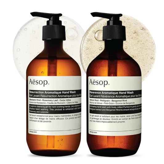 Aesop front packaging showing both 16.9 oz bottles and product benefits