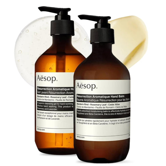 Aesop set front packaging showing minimalist bottles and balanced scent benefit