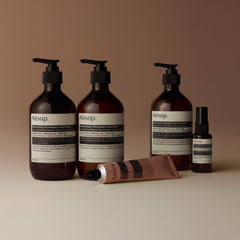 Aesop duo next to faucet showing 500 mL scale and generous supply benefit