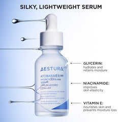 AESTURA pipette dispensing clear serum for controlled, hyaluronic hydration