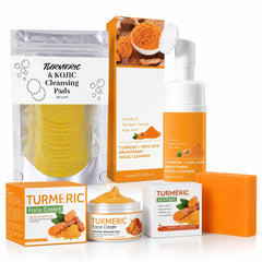 AEWOTING front packaging of the 4-piece turmeric skincare set showing kit benefit